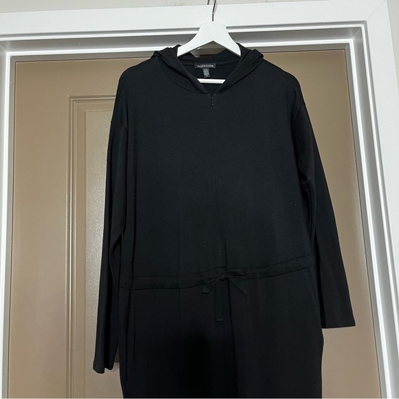 Eileen Fisher Cozy Brushed Terry Hooded Jumpsuit Black - Picture 7 of 14